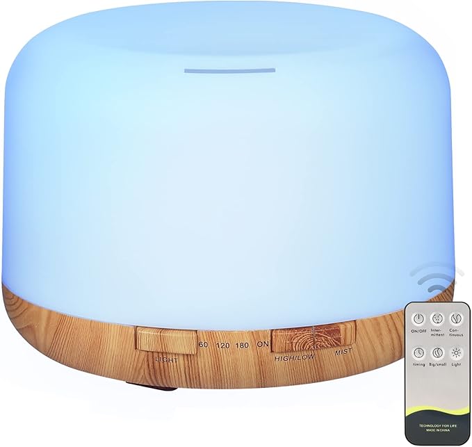 Oil Diffuser, 500ml Essential Oil Diffusers with 2 Mist Mode 4 Timers＆7 Ambient Light Waterless Auto Off, Diffusers Large ...