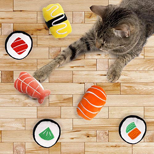 CiyvoLyeen 6 Pack Sushi Cat Toys with Catnip Sushi Roll Pillow Kitten Chew Bite Supplies Boredom Relief Fluffy Kitty Teeth...