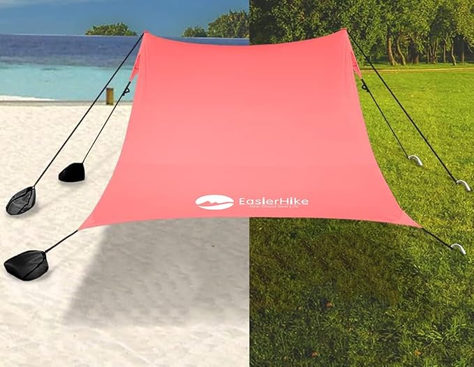 easierhike Beach Canopy Windproof Design, Sun Shelter UPF50+ Portable Family Tent with 6 Sandbags Anchors 10x10 FT 2 Pole ...