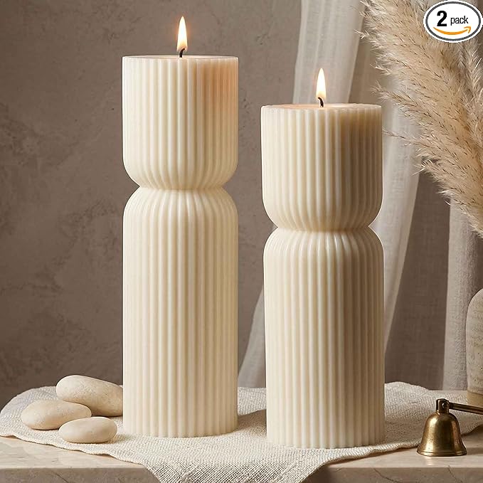 Aesthetic Sandalwood Scented Candles,Ribbed Pillar Candle Set of 2 (7.87" & 9.05" Tall), Natural Soy Wax Minimalist Geomet...