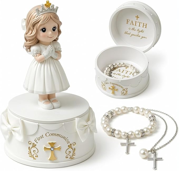 WANCHIY First Communion Gifts for Girls - 1st Holy Communion Gift with Prayerful Girl Figurine, Keepsake Box & Pearl Brace...