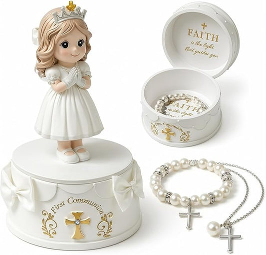 WANCHIY First Communion Gifts for Girls - 1st Holy Communion Gift with Prayerful Girl Figurine, Keepsake Box & Pearl Brace...