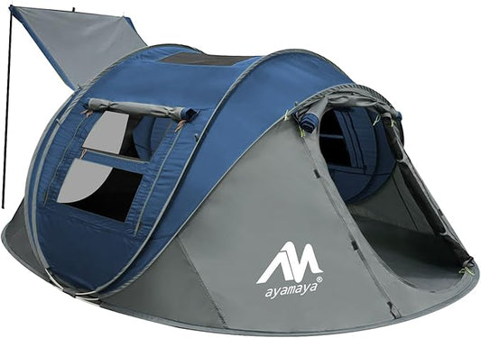 4 Person Pop Up Tents for Camping - AYAMAYA Upgraded Large Size & Skylight & Removable Rainfly & 2 Doors & Waterproof Inst...