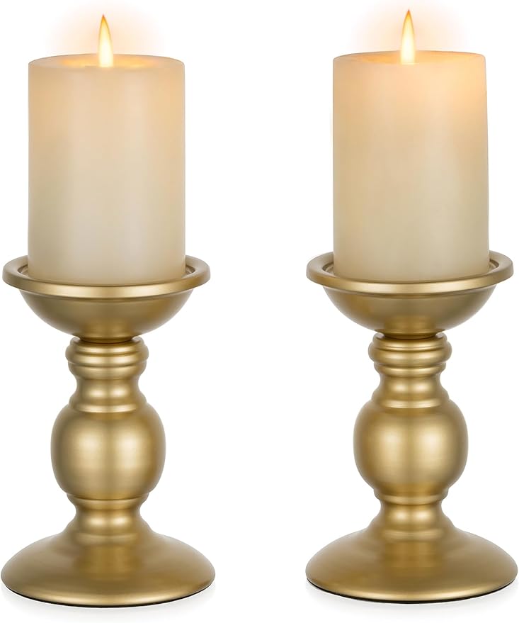 2 Pcs Gold Pillar Candle Holders, Gold Candlestick Most Ideal for 3" Pillar Candles, Gifts for Wedding, Party, Home, Spa, ...