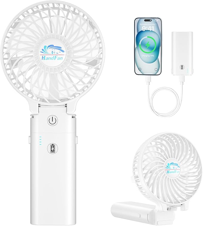 HandFan 5200mAh Portable Handheld Fan - 3 Speeds, 180° Foldable, Rechargeable Personal Cooling Fan, 20H Long Runtime for T...