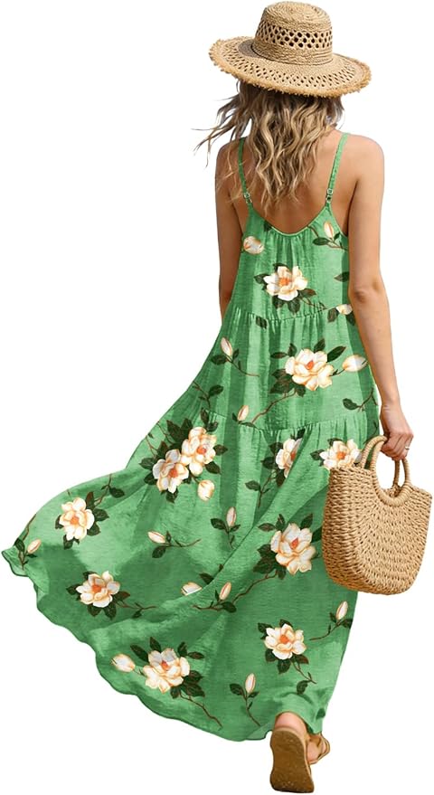 YESNO Summer Bohemian Floral Dresses for Women Spaghetti Straps Maxi Dress Casual Flowy Dresses with Pockets ES0