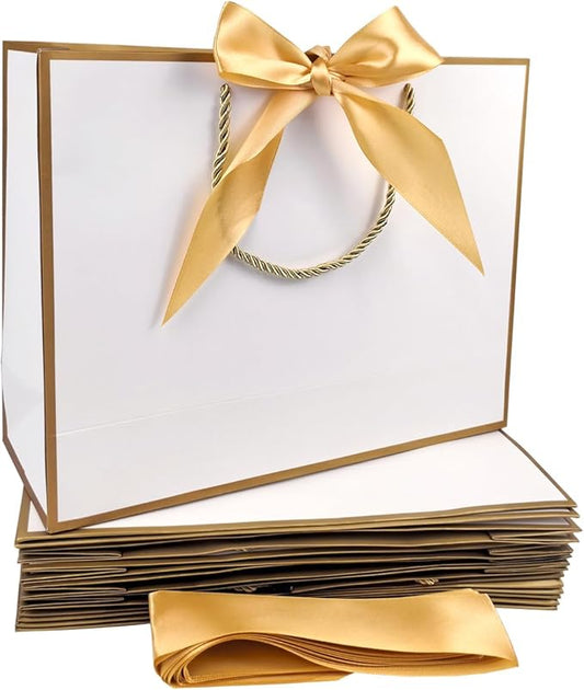 TKSBAG 12PCS Gift Bags Medium Size with Handles, 12.5 x 9.8 x 4.3 In White Gold Thank You Bags with Bow Ribbon for Weddin...