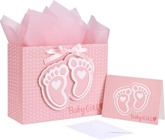 LeZakaa 13" Pink Gift Bags with Tissue Paper, Gift Card, Foot Print & Baby Girl Lettering Design for Baby Shower, Little O...