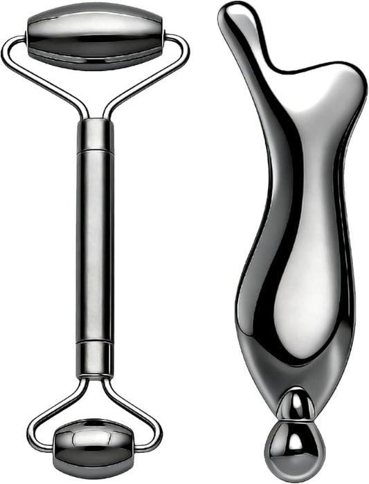 303 Stainless Steel Face Roller Set with Metal Gua Sha Facial Tool– Face Massager Tool for Lymphatic Drainage & Sculpting,...