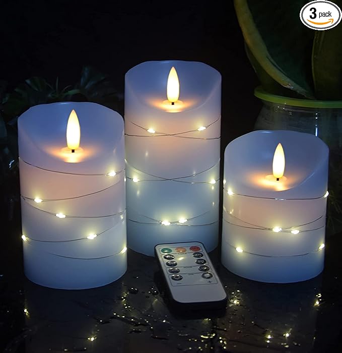 danip Sky Blue LED Flameless Candle with Embedded Starlight String, 3 LED Candles, 11 Key Remote Control, 24 Hour Timer Fu...