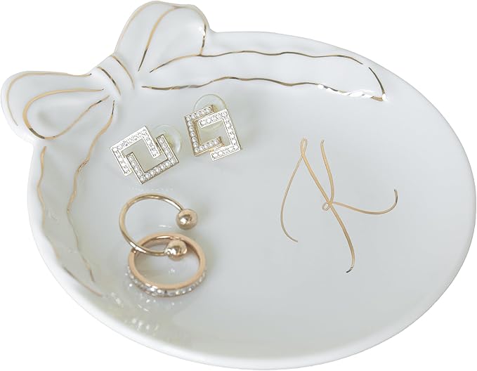 COLLECTIVE HOME Custom Initial Ceramic Jewelry Tray with Bow - Ring Holder & Earring Dish | Christmas Gift Idea for Women,...