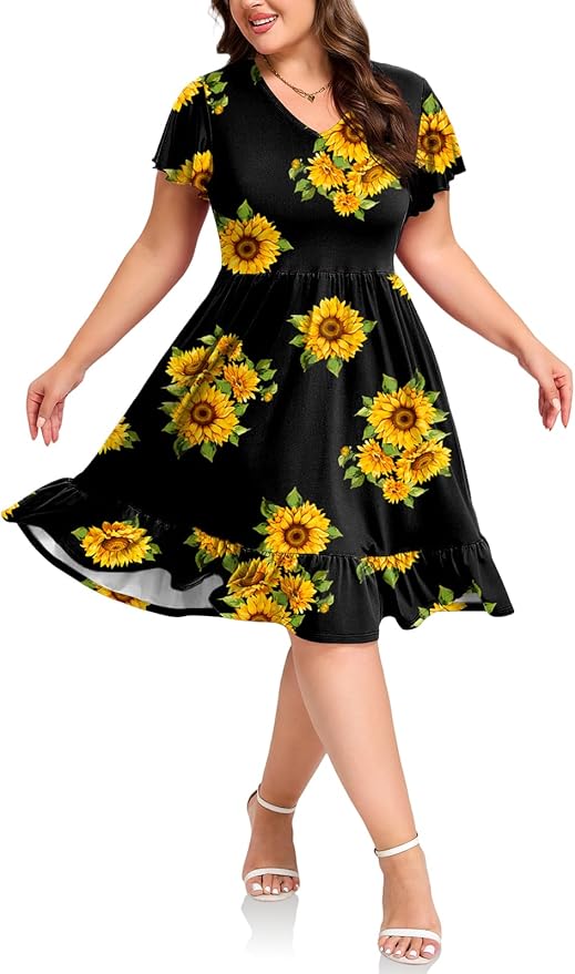 Women's Plus Size Casual Dress V Neck Ruffle Floral Short Sleeve Summer Midi Dresses with Pockets