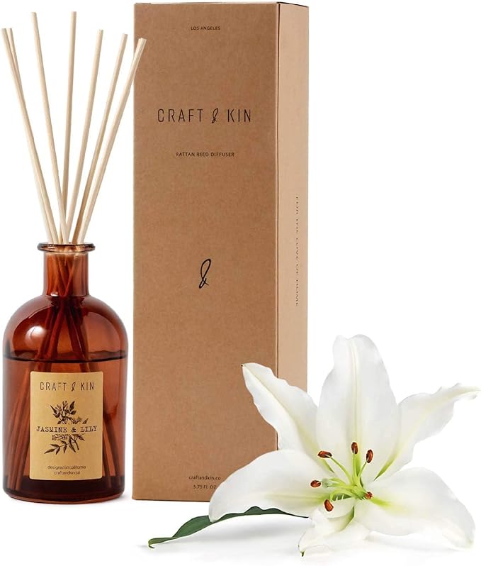 Craft & Kin Lily & Jasmine Diffuser Reed Diffuser | All Natural Essential Oil & 8 Rattan Scent Sticks | Reed Diffusers for...