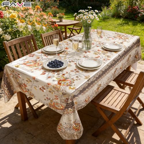 FAVE Peony Gold Tablecloths Vinyl Tablecloth for Kitchen Dining Table Wipeable PVC Tablecloth Cover for Wedding, Banquet, ...