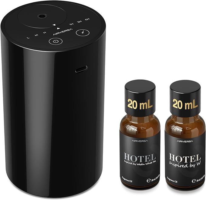 Airversa Waterless Essential Oil Diffuser Starter Kit with 2x20mL Hotel Scent Fragrance Oil for Home Car Room Office, Batt...