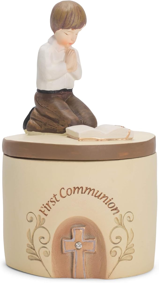 Dicksons First Communion Praying Boy Resin Stone 5 inch Keepsake Box