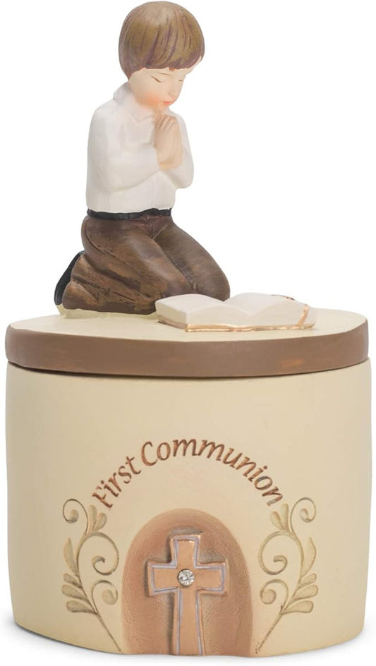 Dicksons First Communion Praying Boy Resin Stone 5 inch Keepsake Box