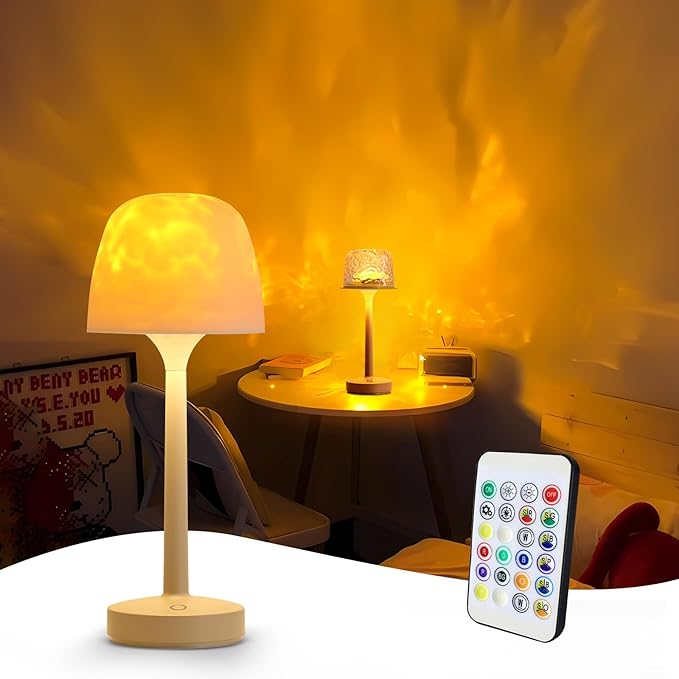 RGB Ocean Wave Projector Table Lamp, USB Rechargeable Cordless Night Light with Remote Control, Dimmable Touch Desk Lamp f...