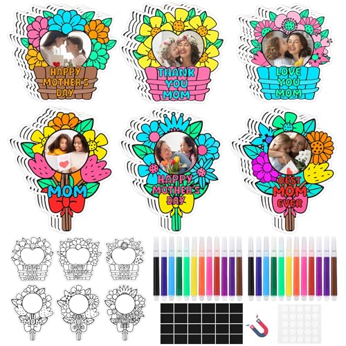 24 Set Mothers Day Crafts Picture Frame Fridge Magnet with Paint Pen Magnet, Mothers Day DIY Art Paper Flower Decorations ...