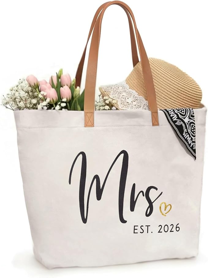 ELEGANTPARK Mrs Gifts for Bride 2026 - Large Canvas Wedding Tote Bag with Zipper, Bridal Shower Gift for Bride to Be, Bach...