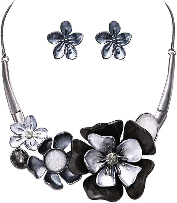 Rosemarie & Jubalee Women's Stunning Enamel and Lucite 3D Flower Collar Necklace and Earrings Jewelry Gift Set, 14"+3.5" E...