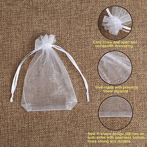 Hopttreely 100PCS Premium Sheer Organza Bags, White Wedding Favor Bags with Drawstring, 4x4.72 Jewelry Gift Bags for Part...
