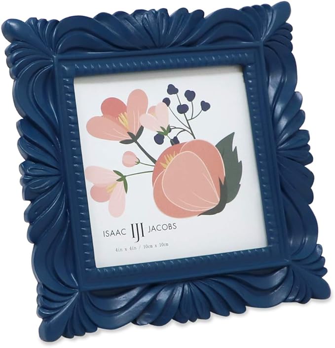 Isaac Jacobs 4x4 Navy Wave Textured Hand-Crafted Resin Picture Frame with Easel & Hook for Tabletop & Wall Display, Decora...