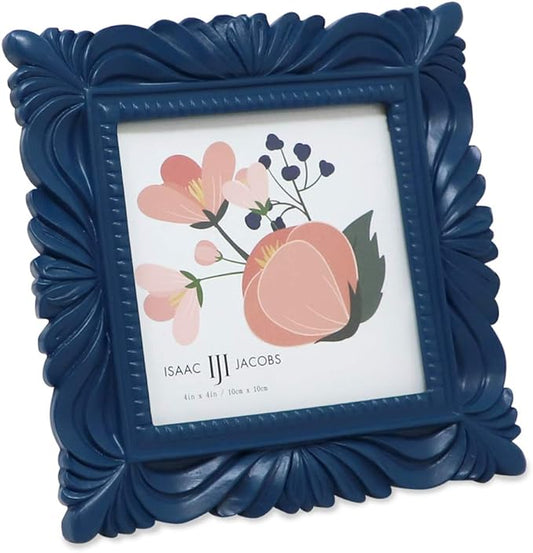 Isaac Jacobs 4x4 Navy Wave Textured Hand-Crafted Resin Picture Frame with Easel & Hook for Tabletop & Wall Display, Decora...