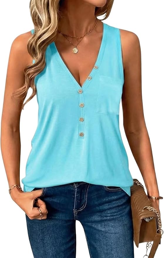 NUKELOLO Tank Top for Women V Neck Henley Loose Fit with Pocket Womens Tops Summer Sleeveless Casual Clothing