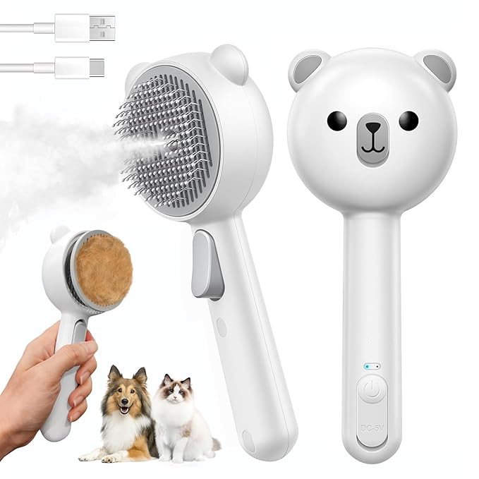 Pecait Cat Steam Brush, Self Cleaning Pet Spray Hair Removal Comb with Release Button, 3 in 1 Cat Brush for Indoor Cats fo...