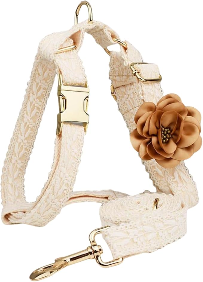 HQREA White Dog Harness and Leash Set Adjustable Lace Harness for Girl Dogs Luxury Dog Harness No Pull with Handle & Bow F...