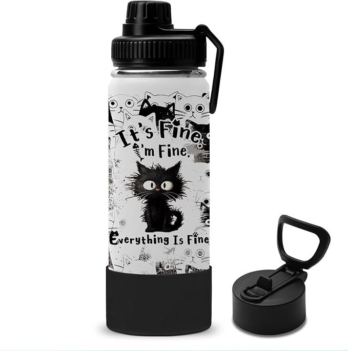 Cat Gifts for Women, 18oz Fine Cat Water Bottle with Straw Lid & Spout Lid - I'm Fine Black Cats Insulated Water Bottles, ...