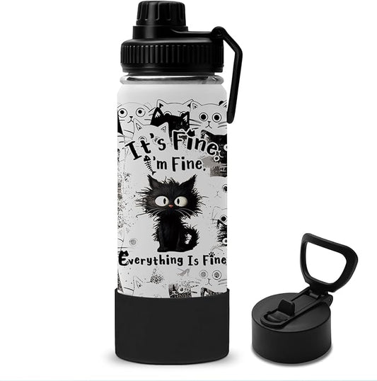 Cat Gifts for Women, 18oz Fine Cat Water Bottle with Straw Lid & Spout Lid - I'm Fine Black Cats Insulated Water Bottles, ...