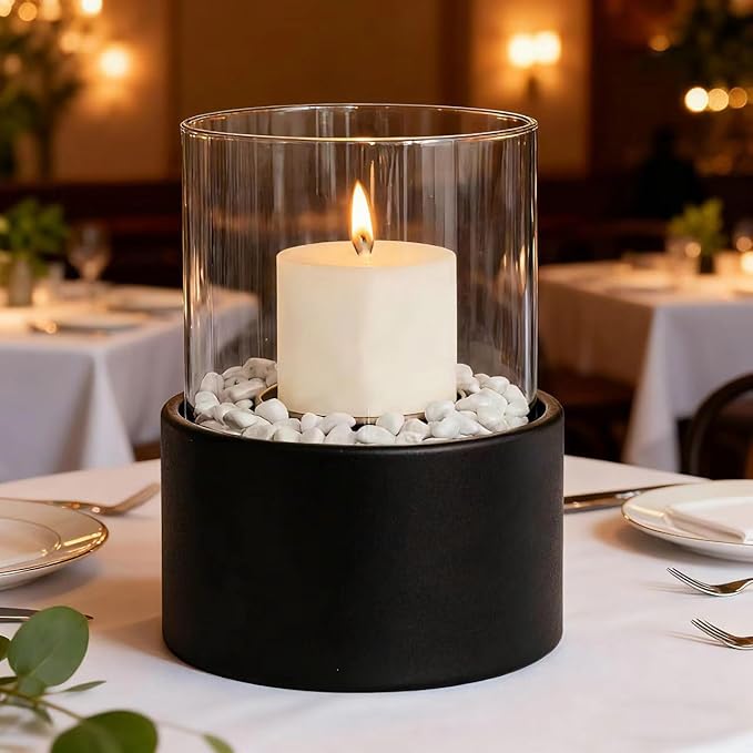 EastFlame Tabletop Hurricane Candleholder with Decorative Stones - Black Metal Candle Holder for 3" Pillar Candles and Sce...