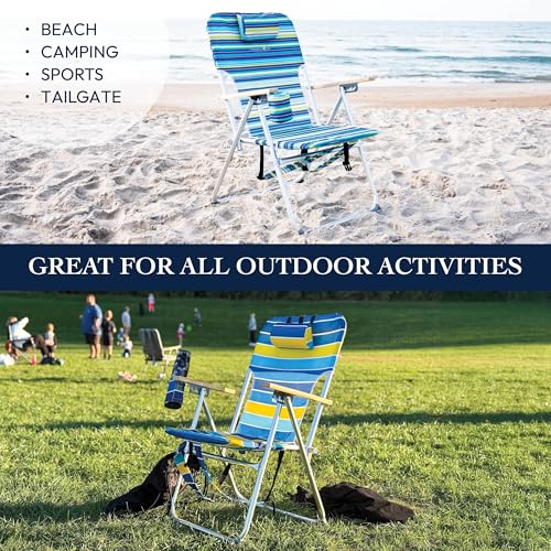 CARIBBEAN JOE Folding Beach Chair, 4 Position Portable Backpack Foldable Camping Chair with Headrest, Cup Holder, and Wood...