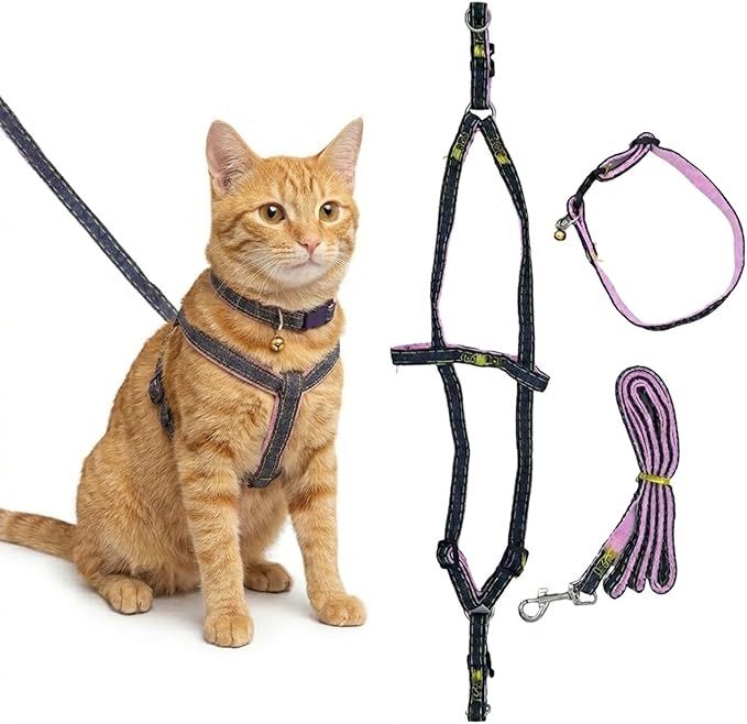 Adopet Adjustable Cat Harness, Leash and Collar Set for Medium Cats, Lightweight Breathable Walking Harness with Matching ...