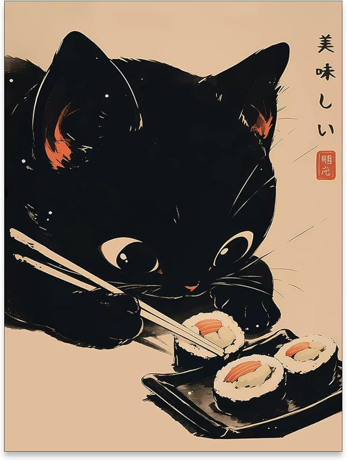 Heltrappe Japanese Cute Black Cat Animal Canvas Poster Delicious Food Sushi Wall Art Vintage Unique Aesthetic Prints for K...