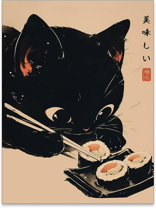 Heltrappe Japanese Cute Black Cat Animal Canvas Poster Delicious Food Sushi Wall Art Vintage Unique Aesthetic Prints for K...