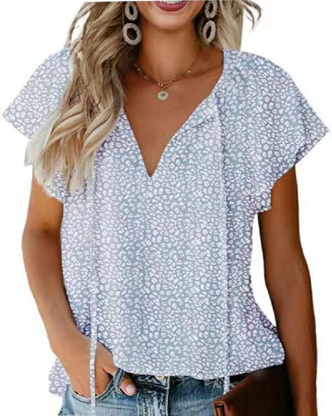 CERYIWER Women's Short Sleeve Casual Shirts Boho Floral Print V Neck Tops Loose Blouses