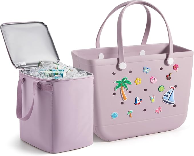 BAGSMART Large Beach Bag for Women with Cooler, Rubber Tote Bag with Charms, Waterproof Vacation Essentials for Swim Pool