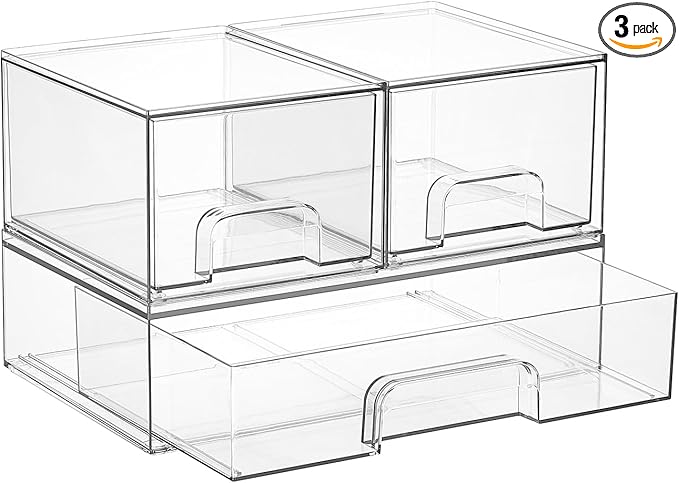 Vtopmart Stackable Storage Drawers Set of 3,Clear Plastic Organizer Bins for Makeup, Cosmetics, Beauty Supplies,Ideal for ...