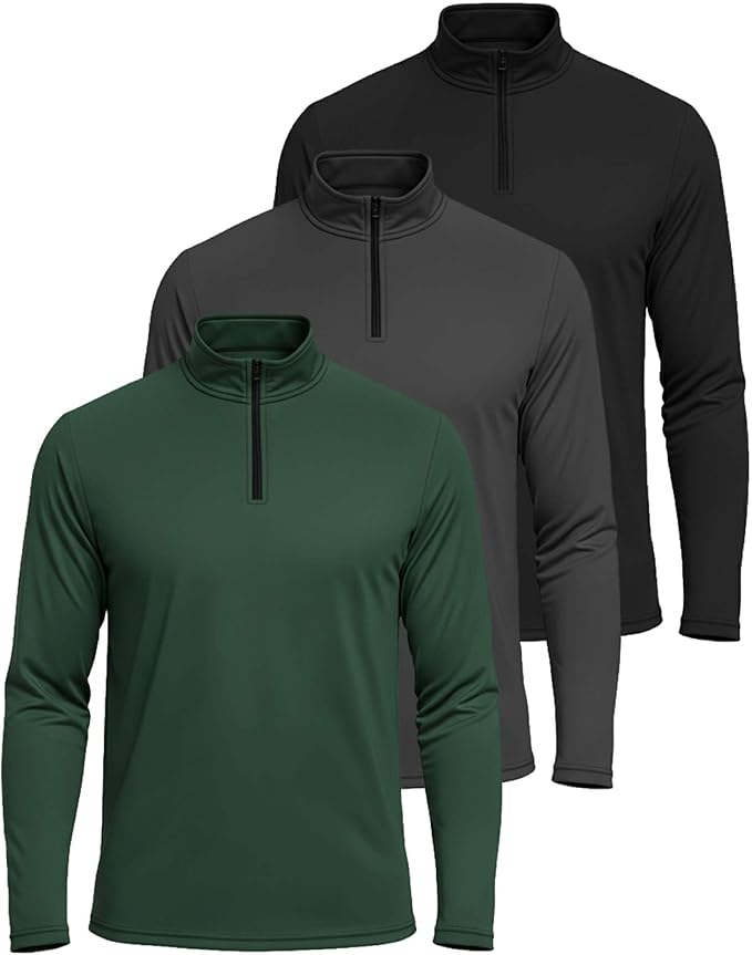 Real Essentials 3 Pack: Men's Dry-Fit Active Quarter Zip Long Sleeve Athletic Performance Pullover (Available in Big & Tall)
