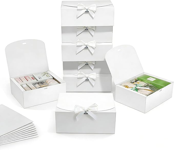 Hixdo 10 Pack Gift Boxes with Lids, 10x10x5 Inches Bridesmaid Proposal Box, White Luxury Groomsmen Box with Ribbon for Pre...