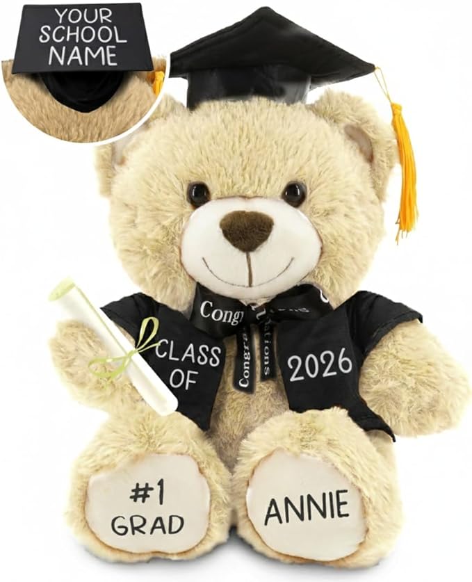 Printualist Personalized Graduation Teddy Bear Gift 2026 for Her Him, College, High School, 12 Inch - Cute Custom Beige Be...