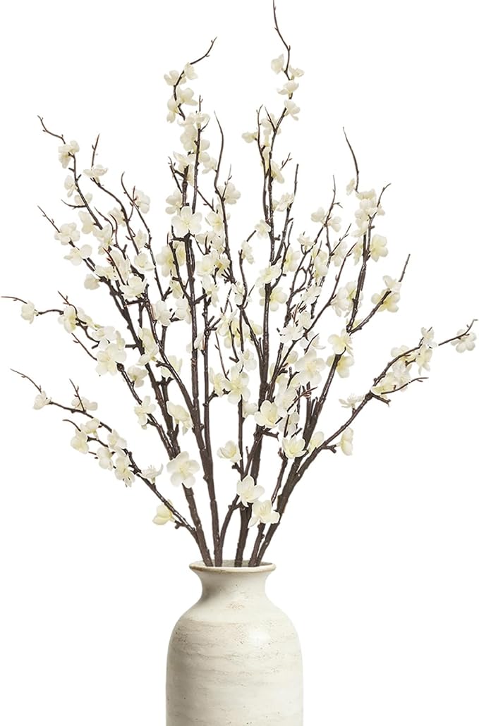 Cherica 4 Pcs Cherry Blossom Branches 39 Inch White Fake Flowers Spring Decorations for Home Decor, Artificial Flowers Lon...