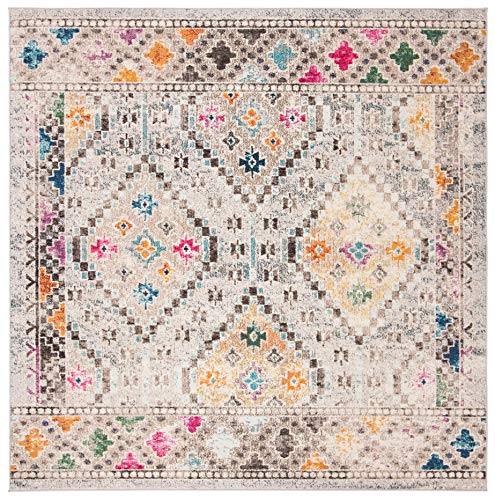 SAFAVIEH Madison Collection Area Rug - 5' Square, Grey & Yellow, Boho Diamond Distressed Design, Non-Shedding & Easy Care,...