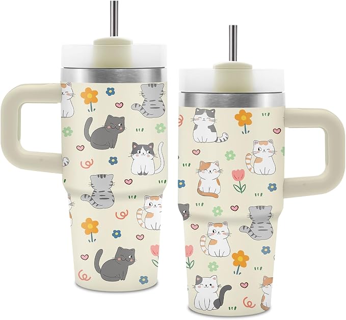 Cute Cat Gifts for Women Girls, Cats Tumbler with Handle and Straw for Kids 14 oz, Insulated Stainless Steel Cats Mug, Bir...