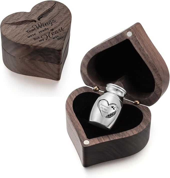 XIUDA Wooden Mini Memorial Small Urns for Ashes Stainless Steel Cremation Mini Urn with Black Walunt Box Funeral Heart Win...