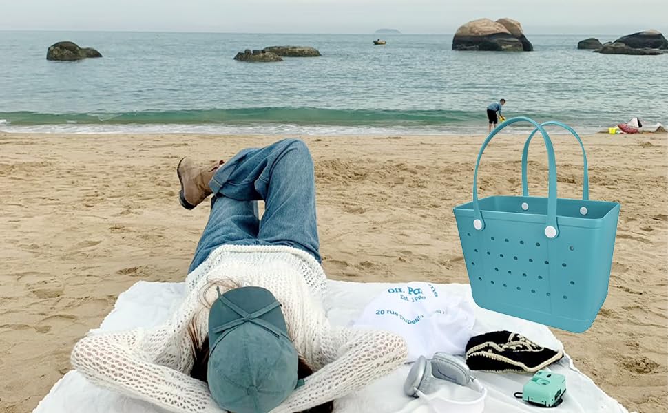 CLLTIV Rubber Beach Bag, Waterproof Travel Bags Washable Open Tote Bags for Beach（Small&Medium&Large& XL Beach Tote）