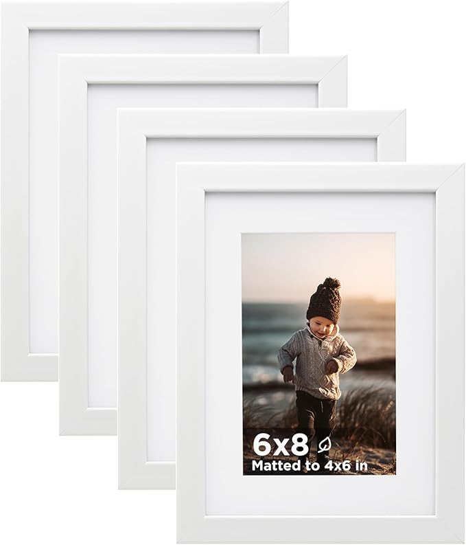 KINLINK 6x8 Picture Frame White Set of 4, Wooden Photo Frames Matted 4x6 with Plexiglass for 4x6 with Mat or 6x8 without M...